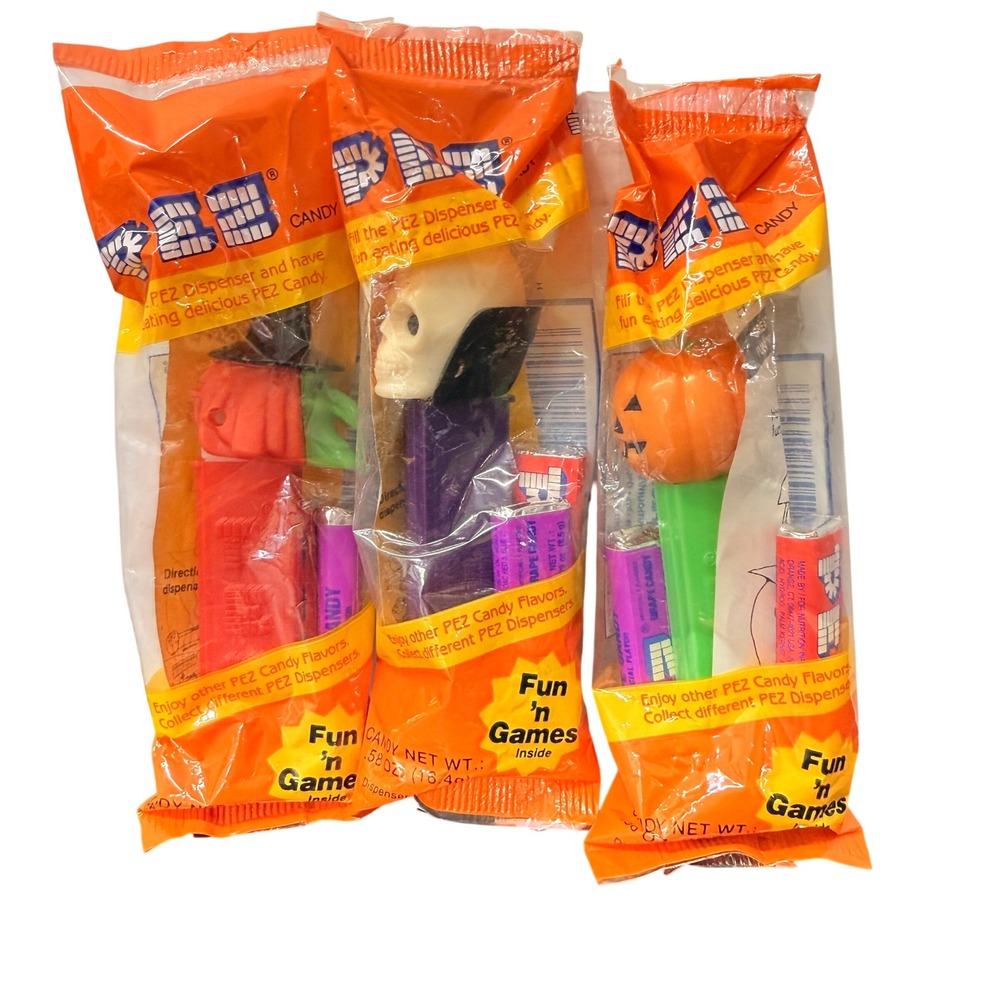 Vintage Halloween PEZ Dispenser Lot of 3 Sealed Witch Skull Pumpkin Fun n Games